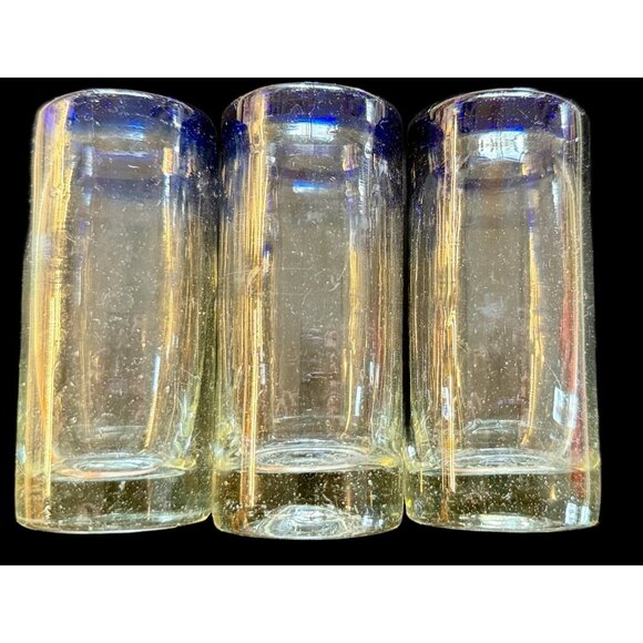 3 Mexican Hand Blown Shot Glass Blue Rim 4” - Picture 6 of 11